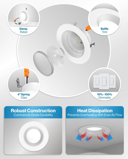 Sunco 4 Inch LED Recessed Lights, Retrofit Can Light for Ceiling, Baffle Trim, 660 LM, 11W (60W Equivalent), 4000K Cool White, Dimmable, Damp Rated ETL 4 Pack.