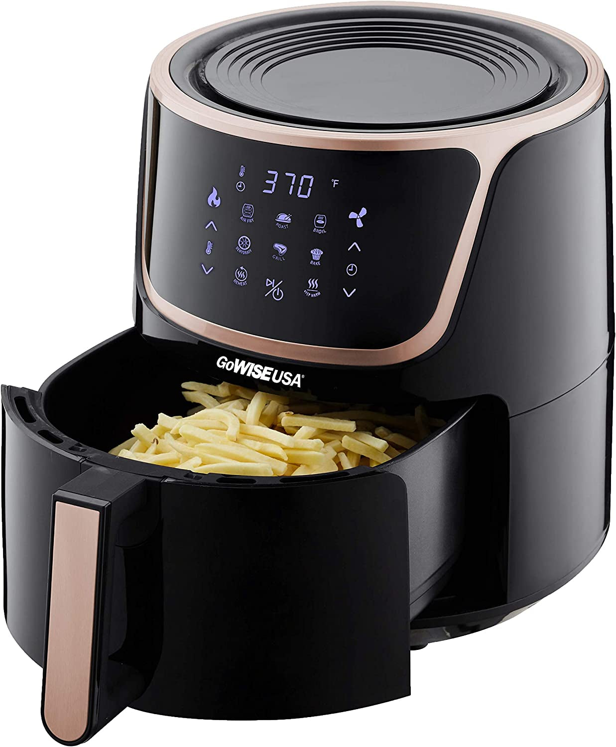 USA GW22955 7-Quart Electric Air Fryer with Dehydrator & 3 Stackable Racks, Digital Touchscreen with 8 Functions + Recipes, 7.0-Qt, Black/Copper
